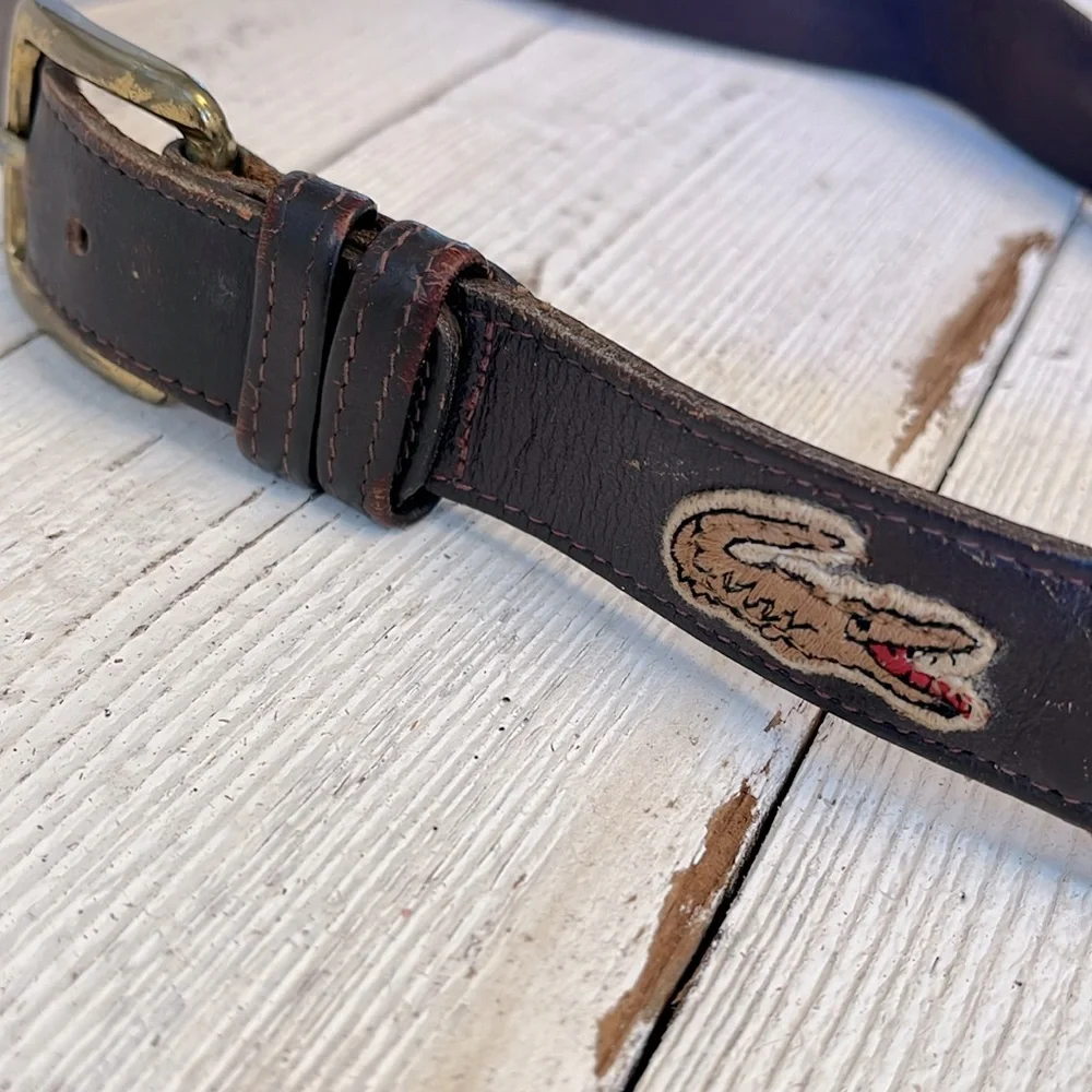 LACOSTE VINTAGE stretch belt kids• brown leather trim solid brass buckle • 30/75